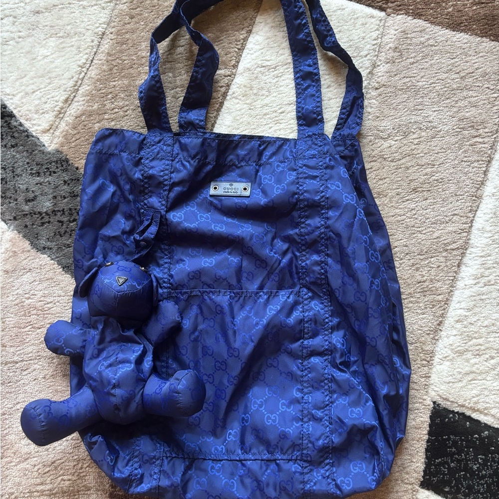 Gucci Nylon Blue Monogram Teddy Bear Tote